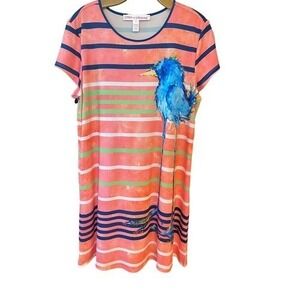 Leoma Lovegrove Petite L Coral Green Blue Bird Striped Tunic Dress Art